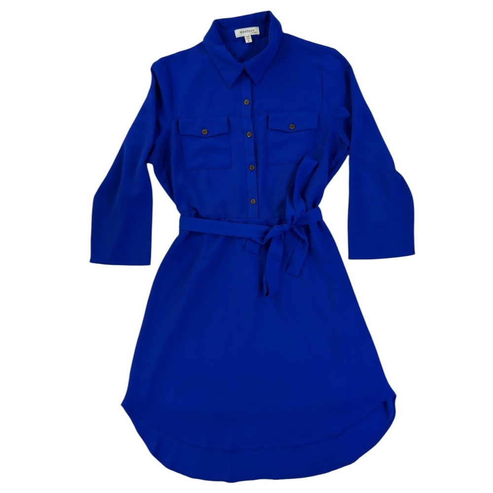 Monteau Shirt Dress L Royal Blue Belted Roll Tab Sleeve Crepe Preppy French Chic